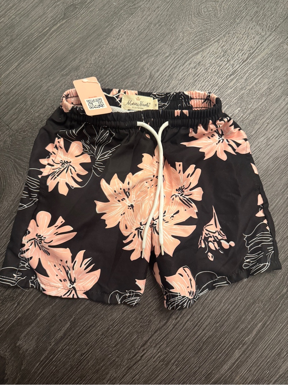 🌺 Black Pink Floral Drawstring Swim Shorts - Pink Flowers Medium Toddler New 3/4